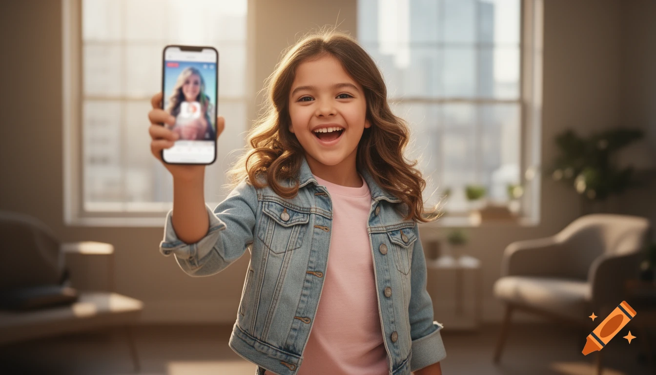 A smiling young girl in a denim jacket holds up a smartphone showing a video call in a bright indoor setting.