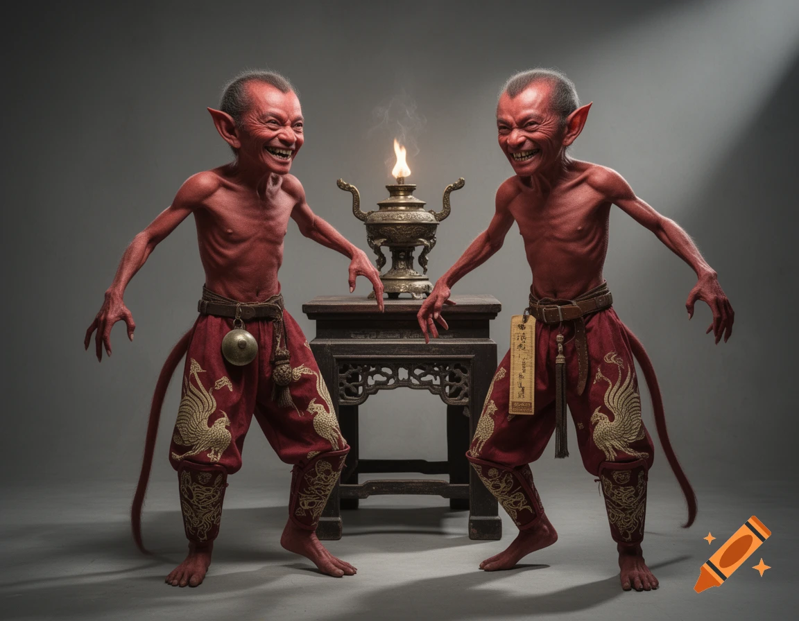 Two red, emaciated imp-like creatures with large ears and tails, wearing ornate red pants, laugh in a studio next to a lit lamp on an altar table.