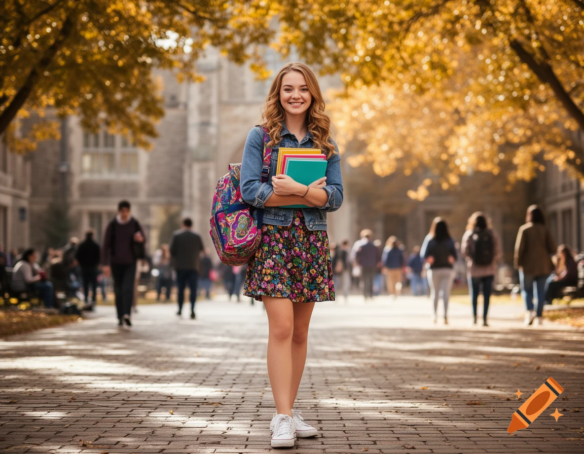 A smiling young female college student with a backpack and books stands on a brick path on a sunlit autumn campus.