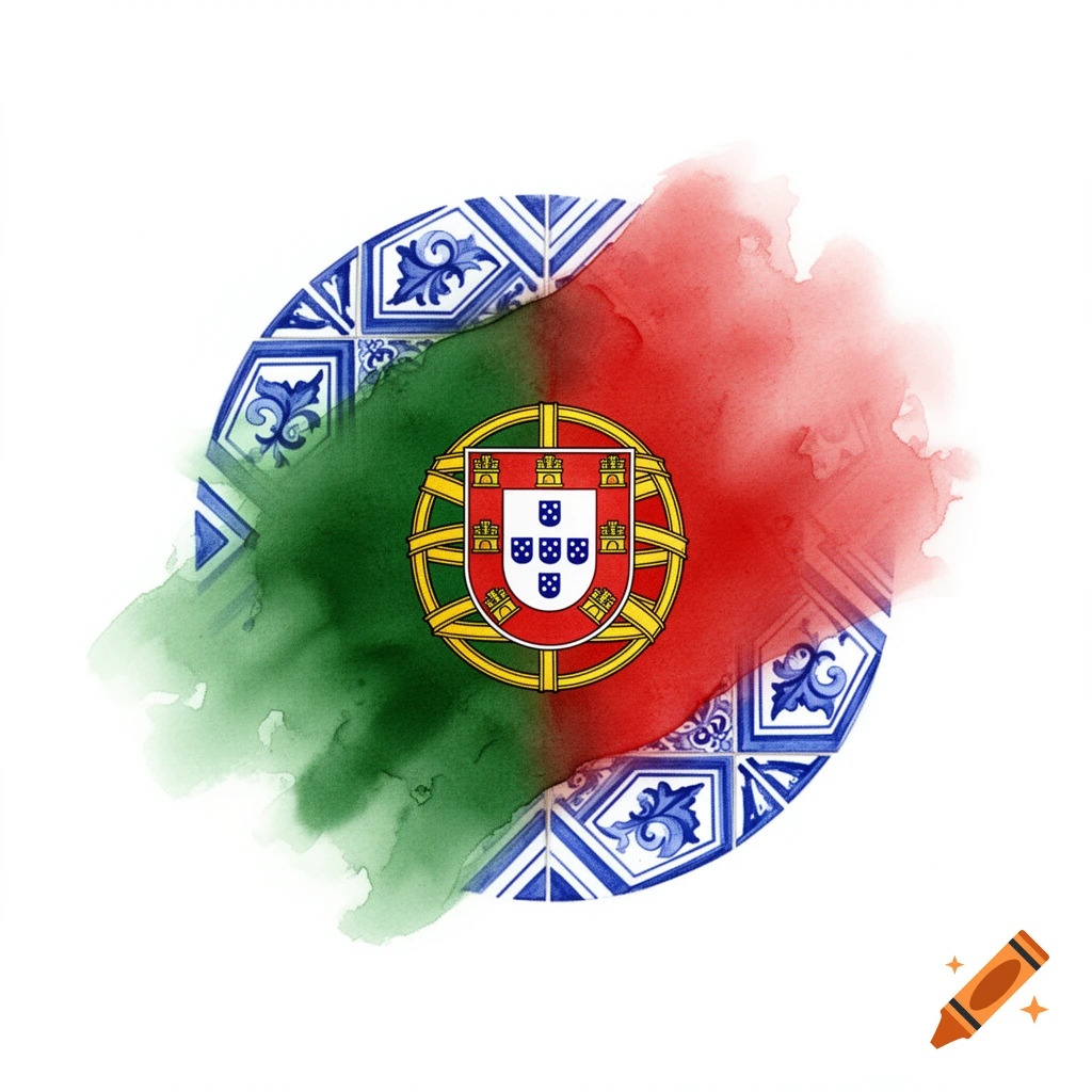 Artistic circular design featuring Portuguese flag in watercolor, geometric Azulejo tiles, and the official coat of arms on a white background.