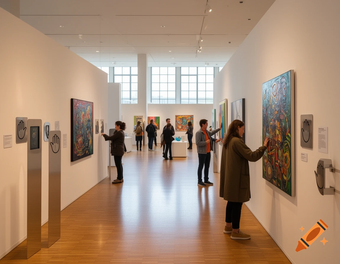 People interact with colorful artworks and display stands in a modern, well-lit art gallery.