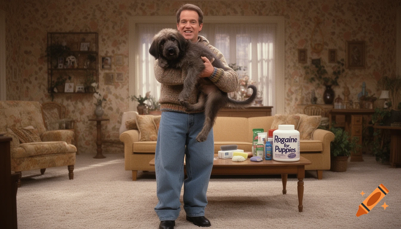 A smiling man resembling Robin Williams holds a puppy in a cozy 1990s living room, with a bottle of "Rogaine for Puppies" on the coffee table.