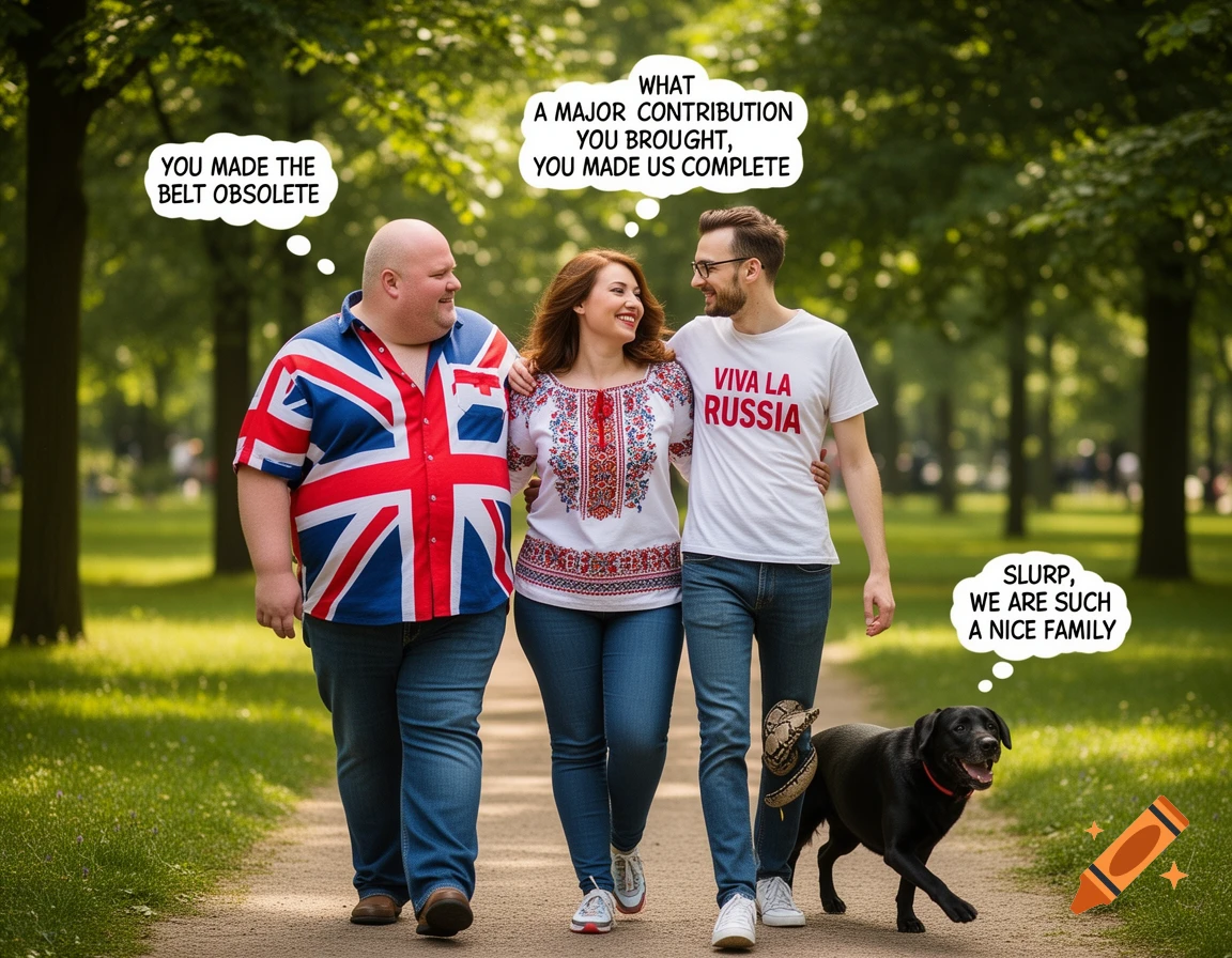 Three people and a black labrador dog walk happily in a sunny park with trees. Thought bubbles above them contain text, and one man wears a 'VIVA LA RUSSIA' shirt.