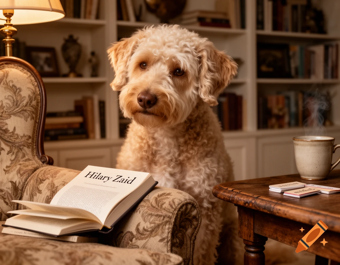 A fluffy brown dog sits in a cozy armchair next to an open book titled 'Hilary Zaid' and a steaming coffee cup.