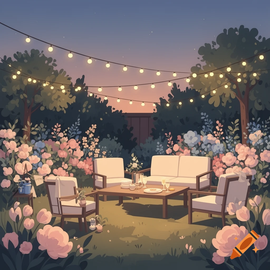 Cozy garden party vector illustration at twilight with glowing fairy lights, soft pastel flowers, and outdoor furniture on a lawn.