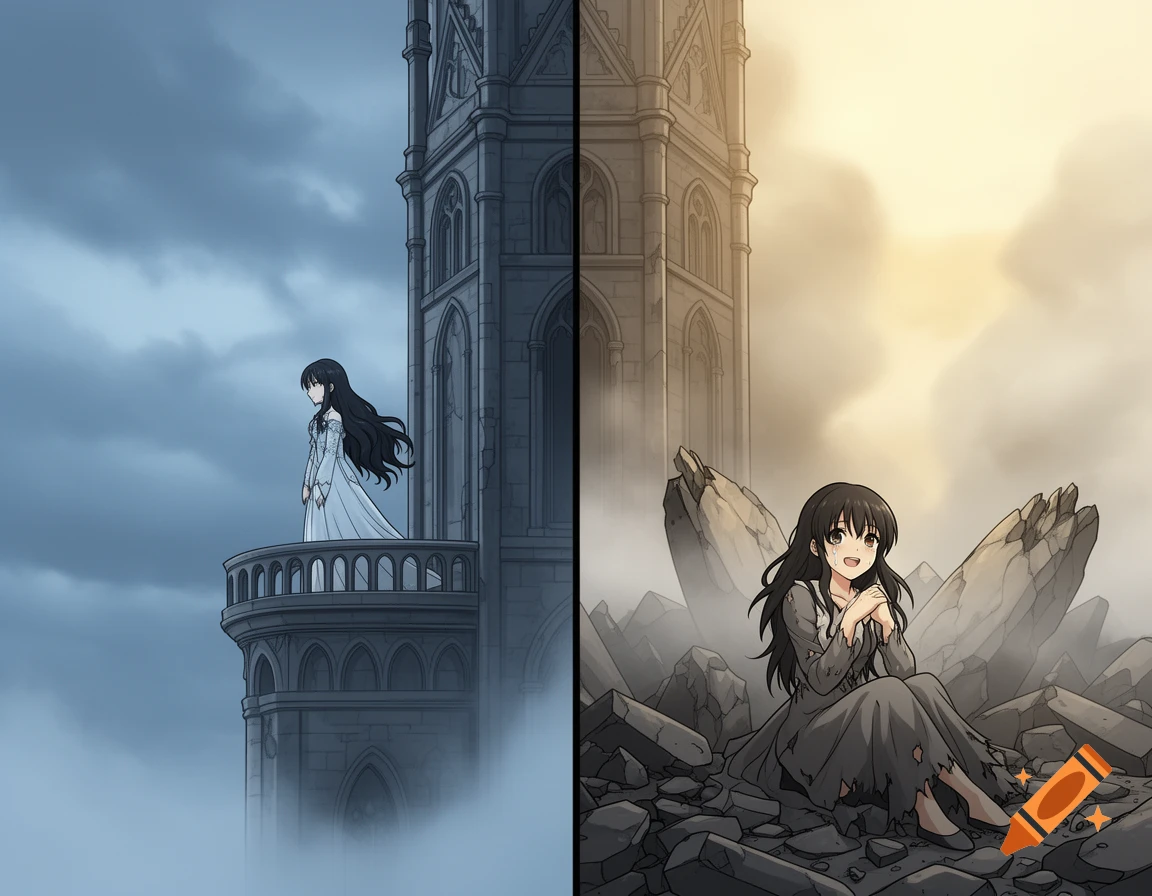 Split image of an anime girl: left on a gothic tower balcony in mist, right sitting in rubble under sunlight with a tearful smile.