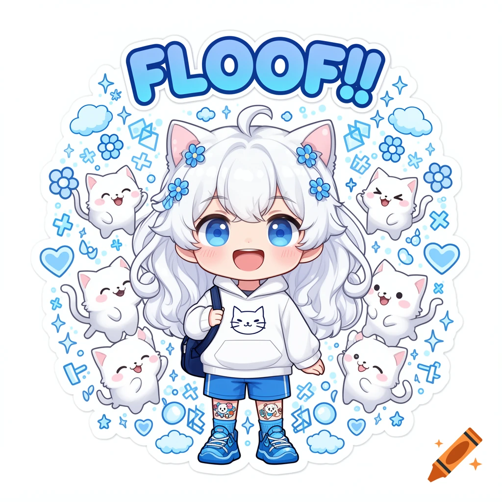 A super cute chibi anime boy with white hair, cat ears, and blue eyes, wearing a white cat hoodie, surrounded by happy cartoon cats and blue doodles. 'FLOOF!!' text at top in kawaii sticker style.
