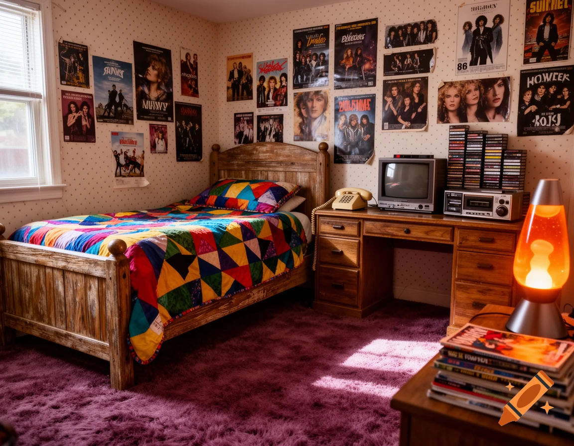 A vibrant 80s bedroom with a colorful quilt on a wooden bed, a desk with a TV and cassettes, and posters covering the walls.