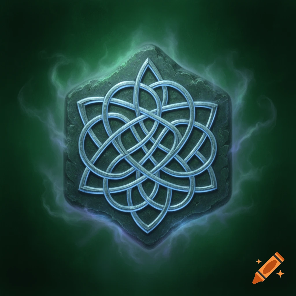 An intricate metallic Celtic knot sigil embedded in a hexagonal stone with glowing green and purple smoke on a dark green background.