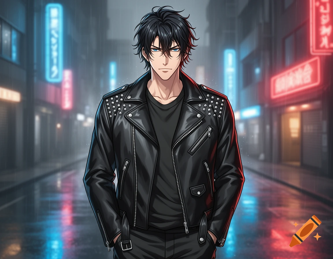 An anime man with black hair and blue eyes wears a black leather jacket, standing on a rainy city street lit by neon signs.