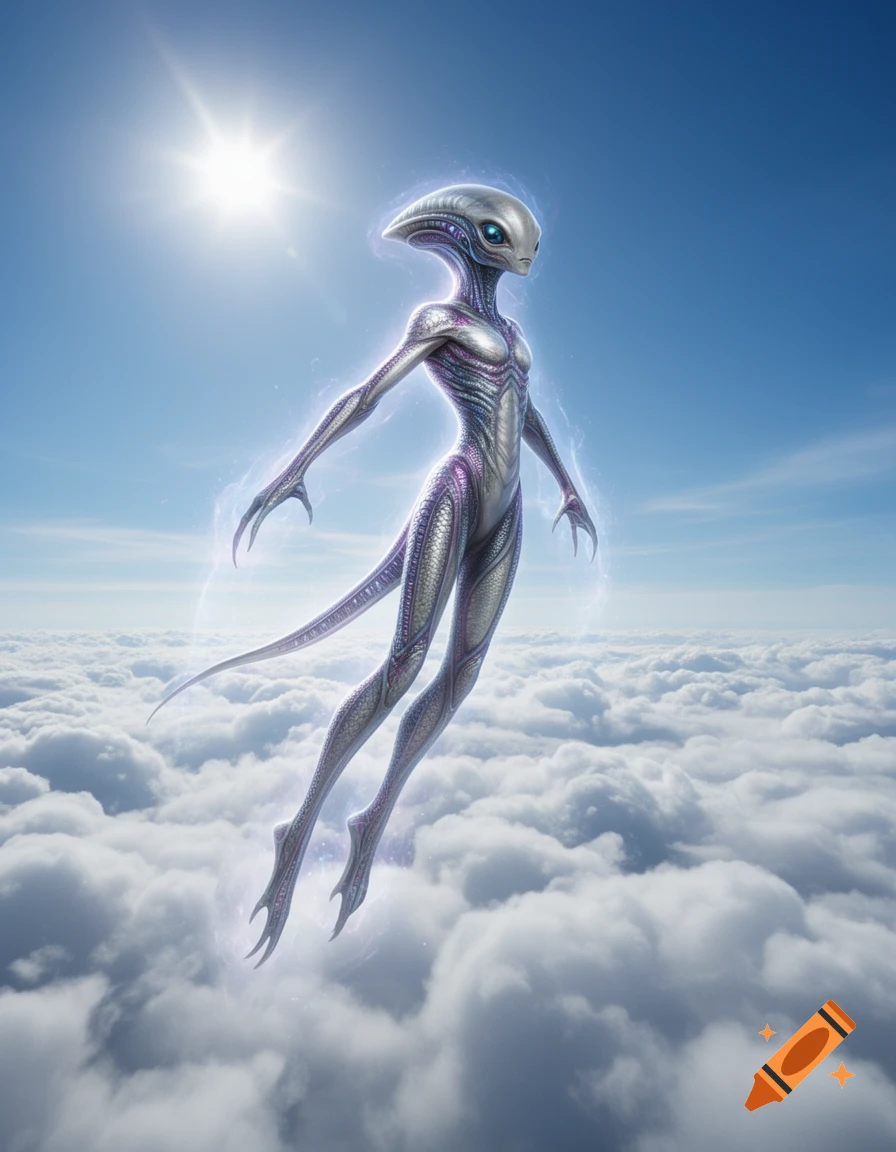 A sleek, silver and purple alien creature with glowing eyes hovers above a layer of white clouds under a bright sun.