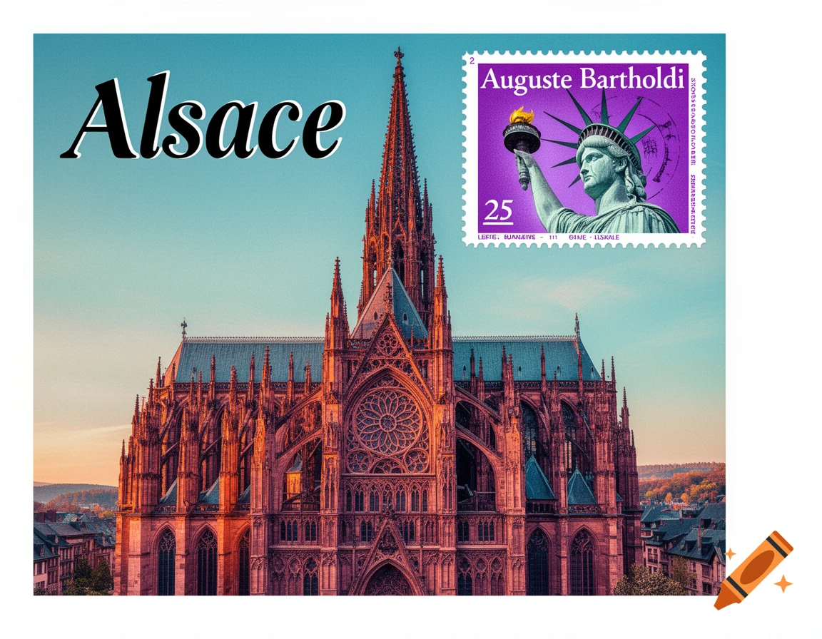 A modern postcard design features the Strasbourg Cathedral at sunset, with the word 'Alsace' in the top left and a purple stamp of Auguste Bartholdi and the Statue of Liberty in the top right.