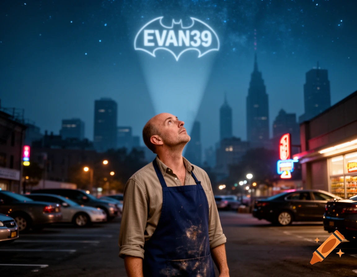 A balding grocery clerk in a blue apron looks up at a glowing 'EVAN39' signal projected onto the night sky over a city.