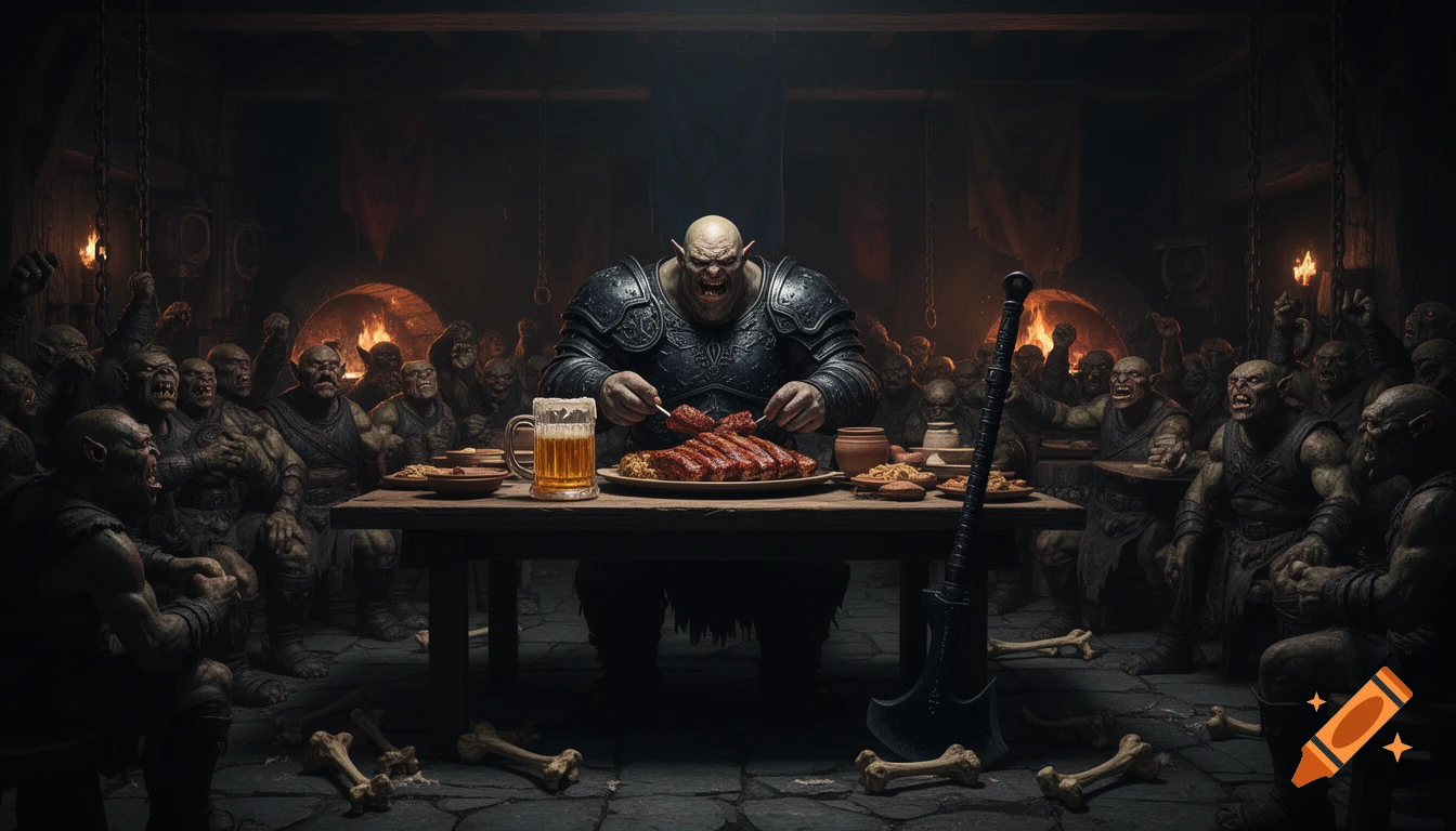 A fierce Uruk-Hai eats ribs at a table in a dimly lit orc tavern, surrounded by celebrating orcs. An axe and bones litter the stone floor.