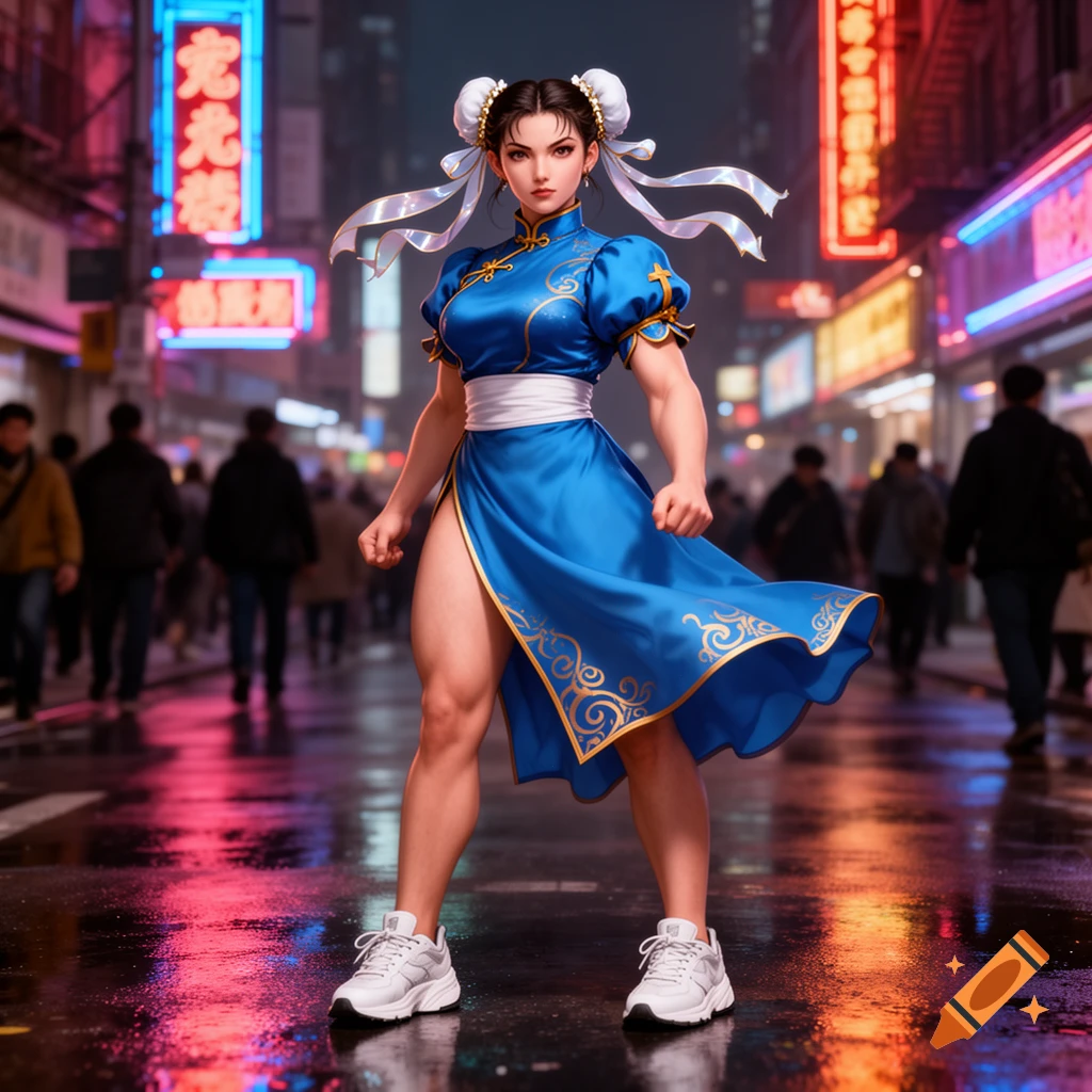 Chun-Li in a blue qipao with white sneakers stands powerfully on a wet, neon-lit city street at night.