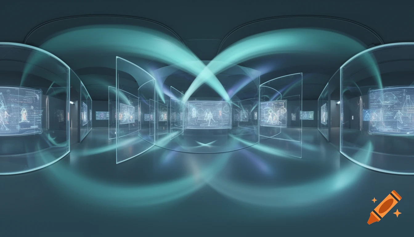 360-degree view of a futuristic, abstract exhibition room with teal and light blue light beams. Multiple translucent screens display glowing data.