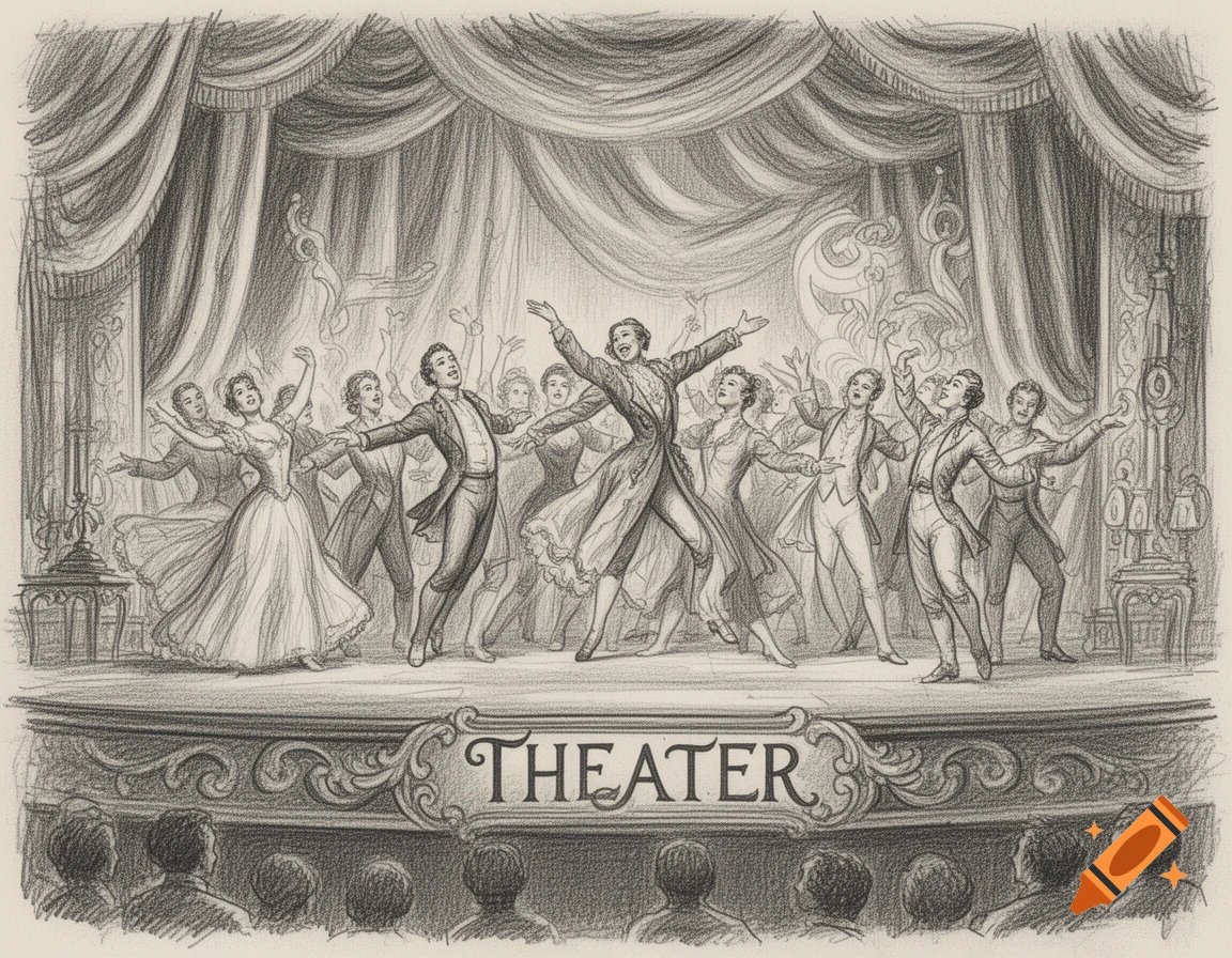 Pencil drawing of a stage performance with actors singing and dancing under a sign that says "THEATER", with an audience watching.