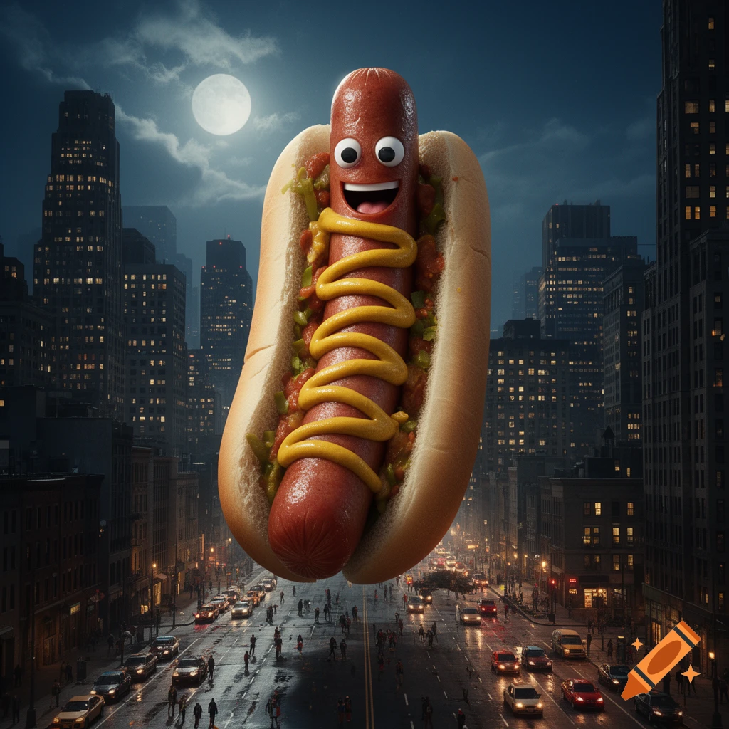 A giant, smiling hotdog with googly eyes floats over a dark, bustling city street at night under a full moon.