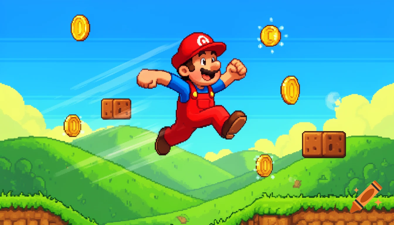 A pixel art cartoon plumber in red overalls jumps across grassy hills, floating blocks, and coins under a blue sky.
