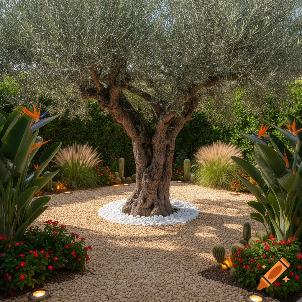 A photorealistic garden featuring a large olive tree surrounded by white pebbles, beige gravel, bird of paradise, cacti, and red flowers.
