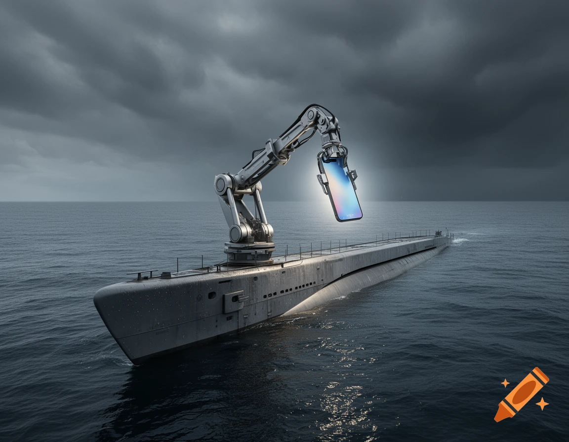 Photorealistic image of a submarine with a robotic arm holding a glowing smartphone on a stormy ocean.