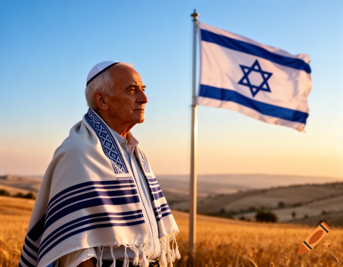 Older man in white kippah and tallit in a wheat field, with an Israeli flag waving in the background against a sunset sky.