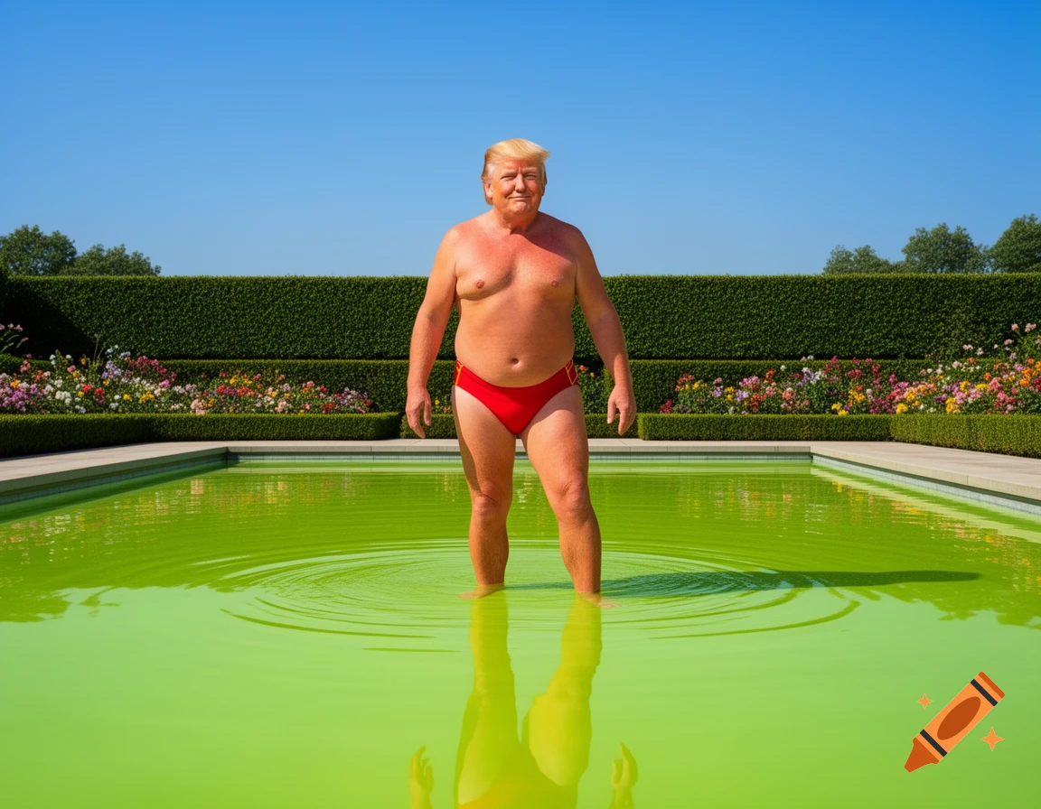 Photorealistic image of Donald Trump in a red speedo, standing in a bright lime green pool within a landscaped garden.