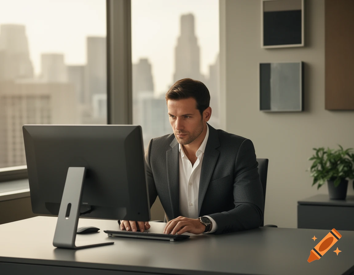 A man in a suit works on a computer at a desk in a modern office with a city skyline visible through the window.
