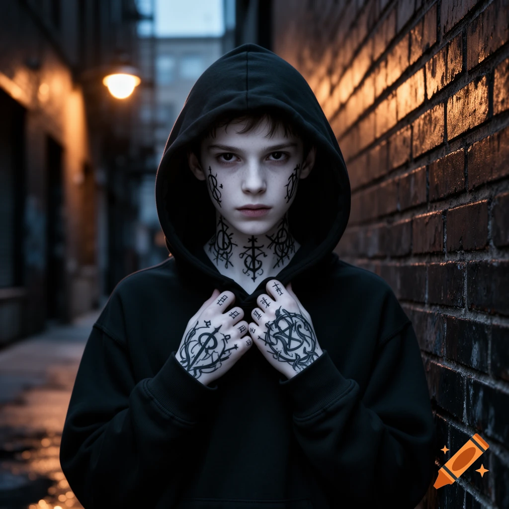 A brooding person with facial and hand tattoos, wearing a black hoodie, stands in a dimly lit urban alley.