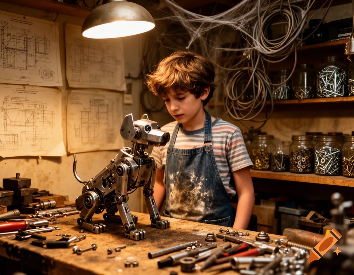 A young boy in a cluttered workshop intently observes his partially assembled metal robot dog, surrounded by tools and blueprints.