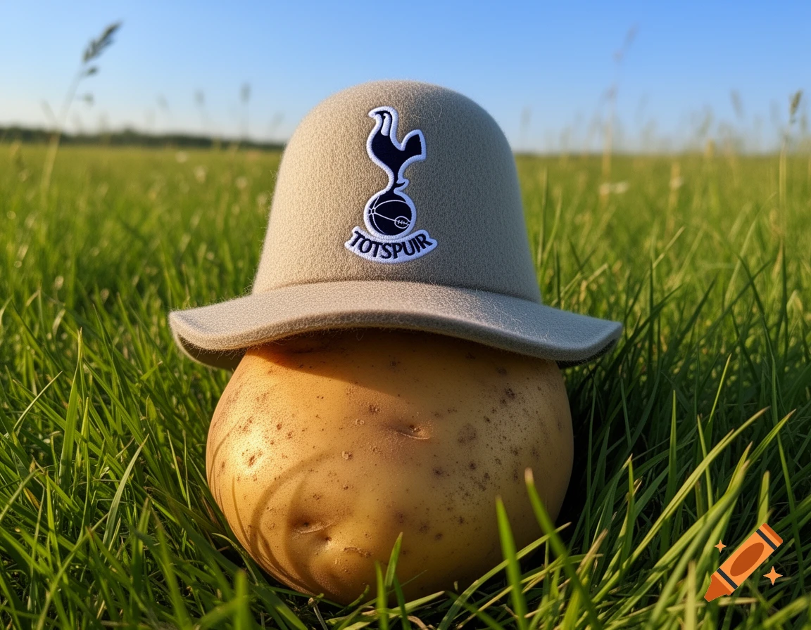 A potato wearing a grey hat with a Tottenham Hotspur logo sits in a green grassy field under a blue sky.