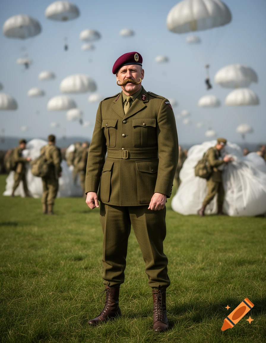 Photorealistic British WWII parachute regiment soldier with a handlebar mustache in a green uniform, in a field with descending parachutes.