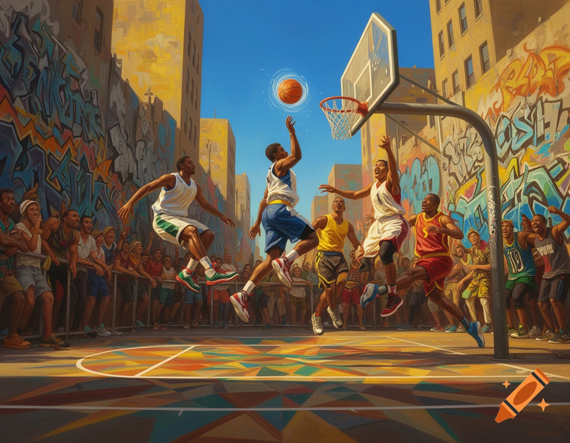 Dynamic street basketball game with players mid-action on a colorful court, surrounded by spectators and graffiti-covered buildings.