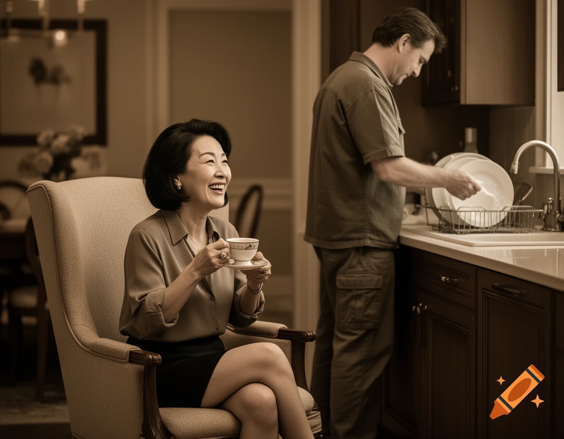 A laughing Asian woman in a short skirt sits holding a teacup while a man washes dishes in a sepia-toned room.