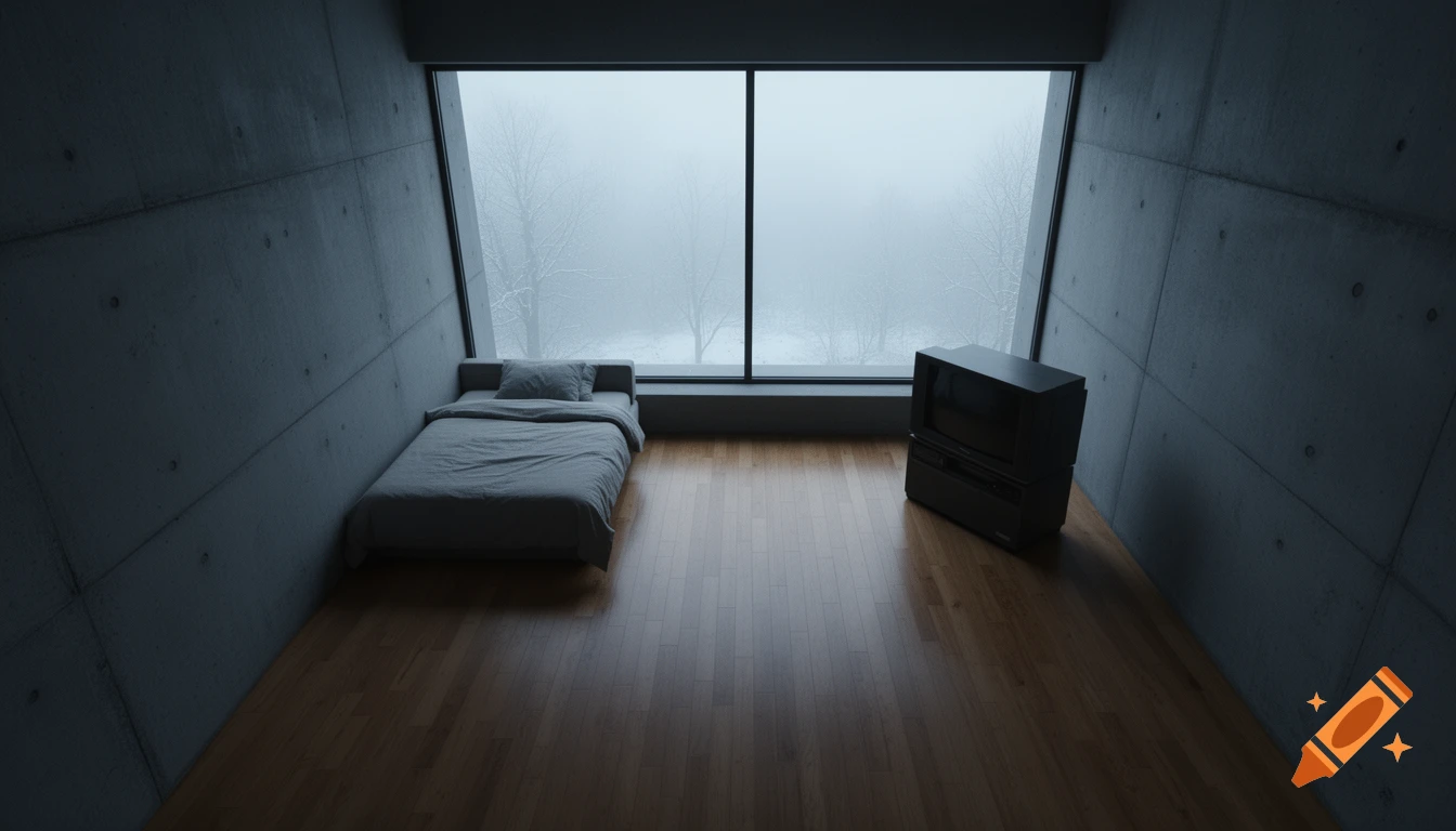 Minimalist photorealistic bedroom with concrete walls, wooden floor, a simple bed, and a retro CRT TV, overlooking a foggy winter landscape.