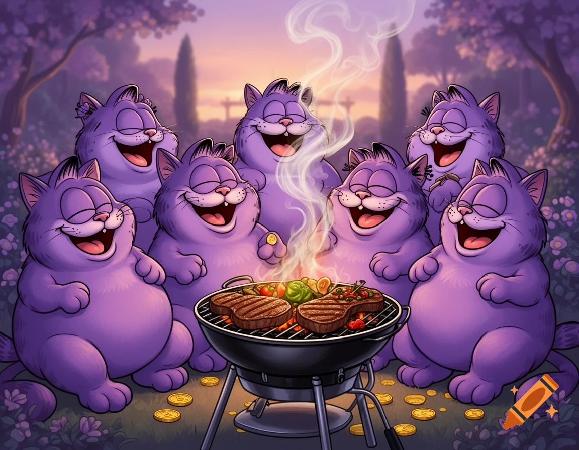 Seven plump, purple, cartoon cats, resembling Garfield, happily grill steaks and vegetables outdoors as golden coins litter the ground.