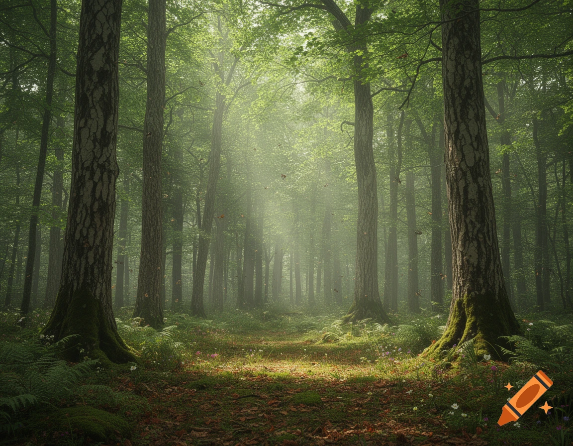 A serene forest path with sunlight filtering through tall green trees and illuminating ferns and fallen leaves.
