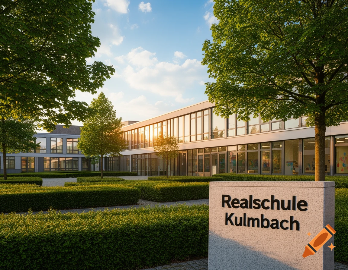 A modern school building with a sign reading 'Realschule Kulmbach' in a sunny courtyard with green trees and hedges.