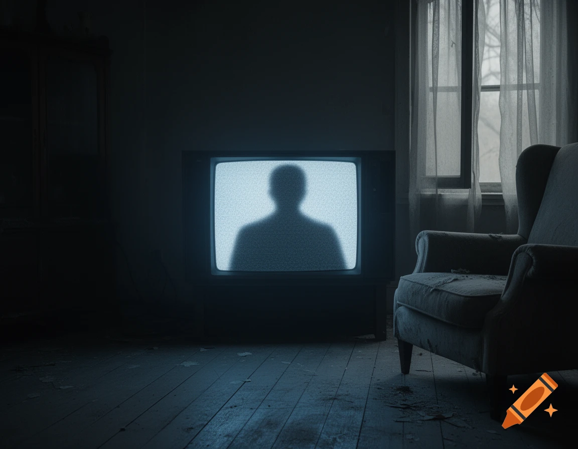 A dark, eerie room with a vintage television showing a static-filled screen with a person's silhouette, beside an old armchair.