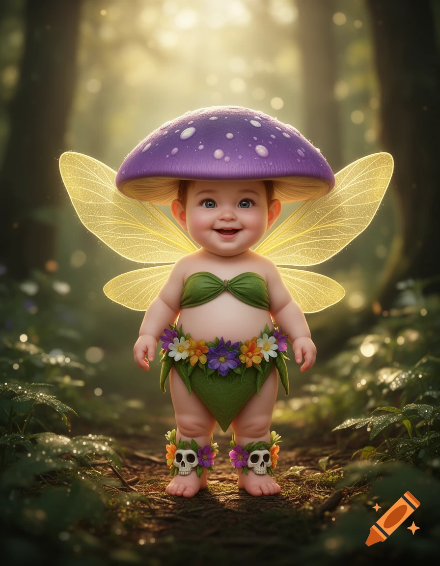 A cute baby fairy druid in a magical forest, wearing a purple mushroom hat, green leaf outfit, and sparkling wings.