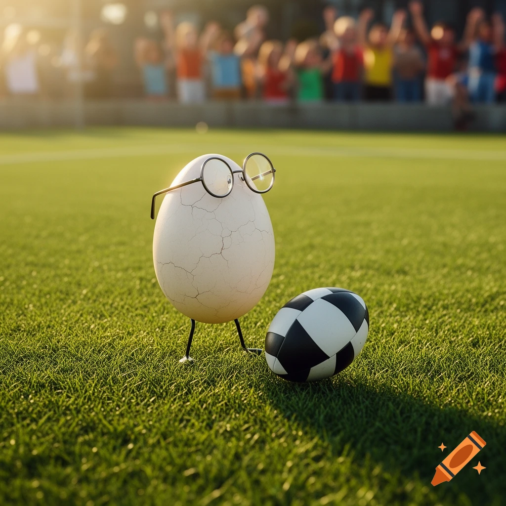 A cracked egg with glasses and legs stands next to a soccer ball on a green field, with blurred spectators.