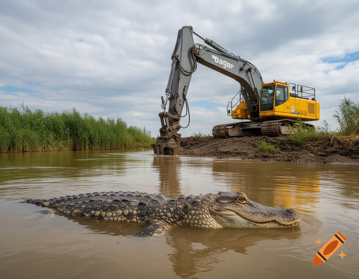 A large alligator floats in murky water next to a muddy bank where a yellow excavator is operating in a marshy landscape.