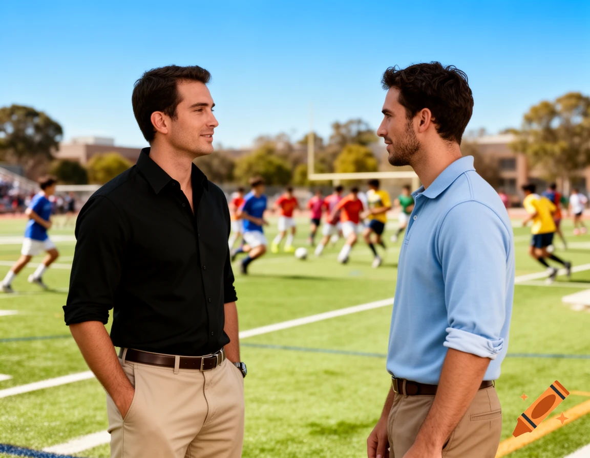 Two men stand talking on a sunny soccer field, with a soccer game in progress in the background.