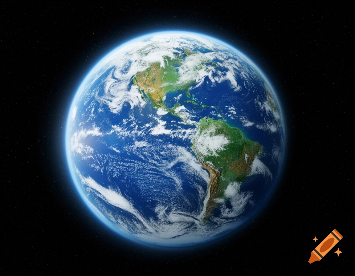 A photorealistic view of planet Earth from space, showing continents, clouds, and an atmospheric glow against a dark, starry background.