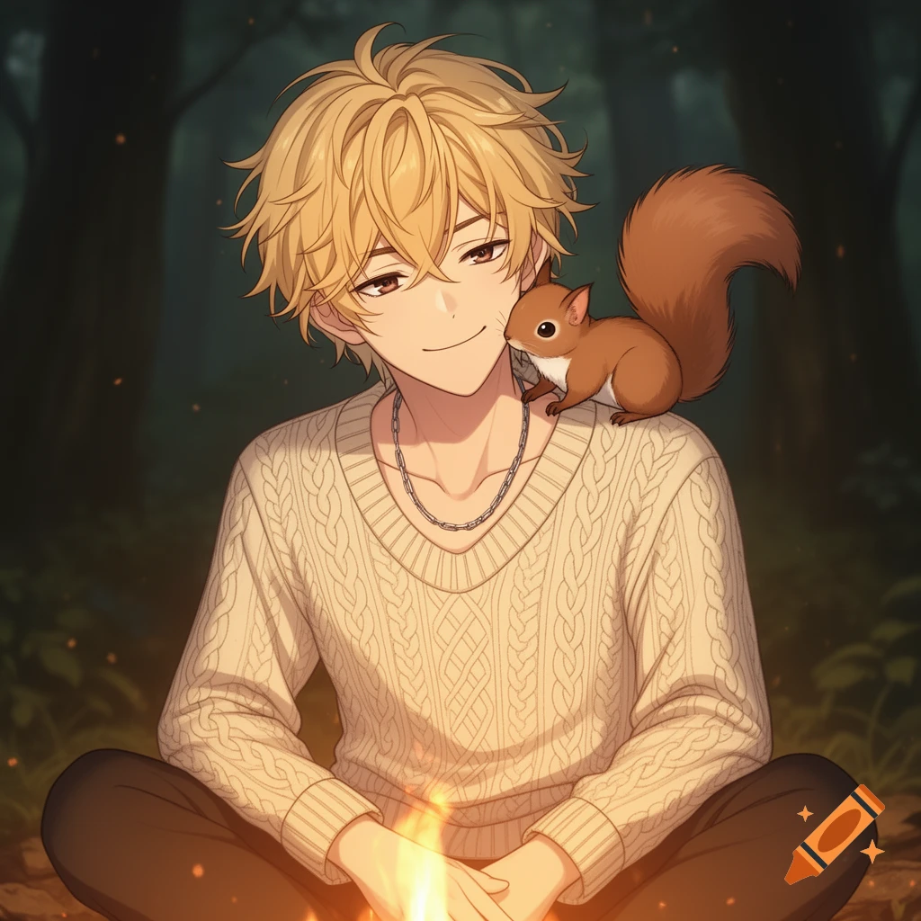 Anime boy with blonde hair and a squirrel on his shoulder, sitting by a campfire in a dark forest.