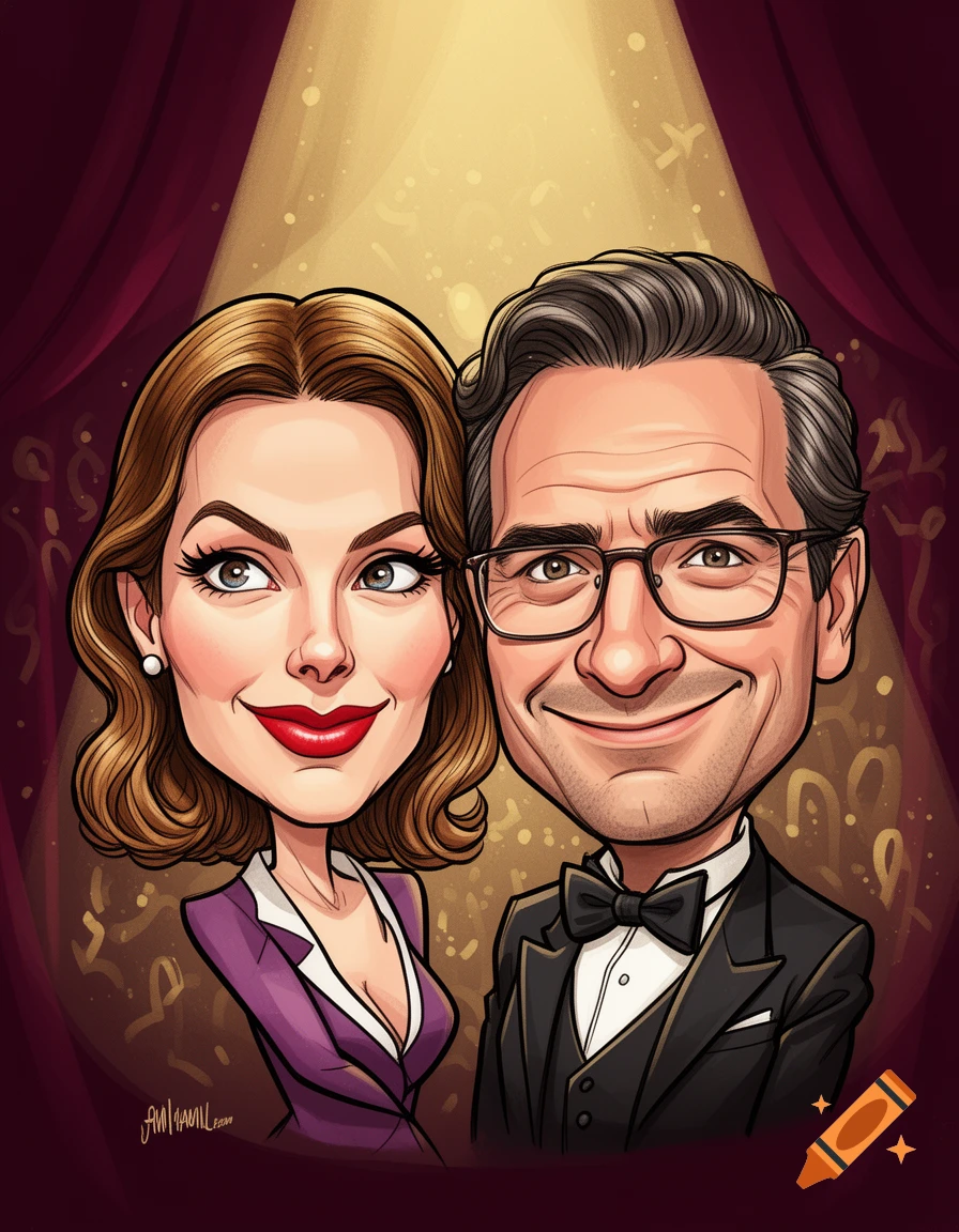 A cartoon caricature of a smiling man in a tuxedo and a woman in a purple blazer, under a spotlight with red curtains.