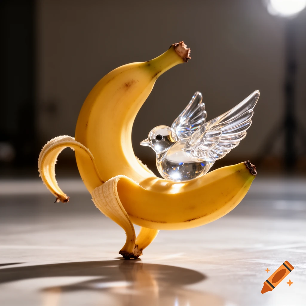 A partially peeled yellow banana stands upright, holding a translucent glass bird with outstretched wings. Photorealistic.