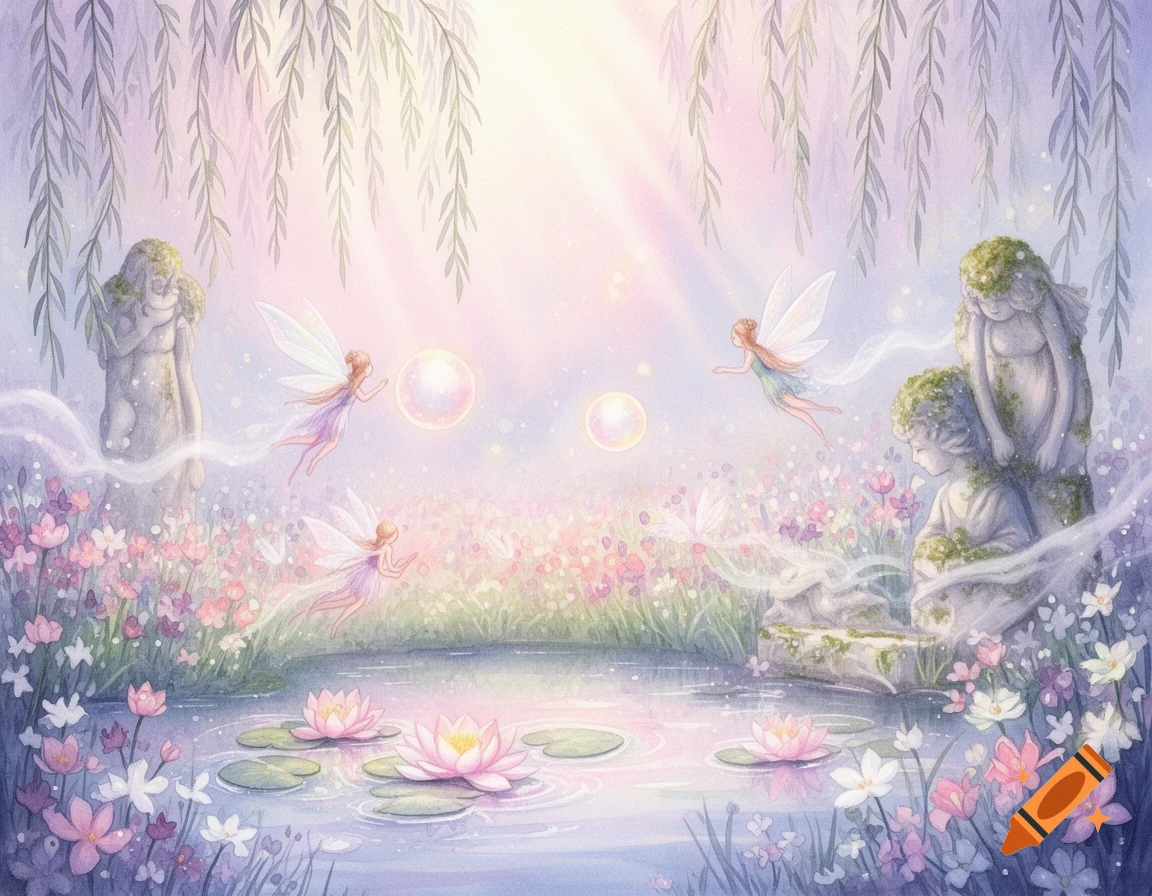 Watercolor fairyland with pastel hues, flying fairies, water lilies, and mossy statues amidst blooming flowers.