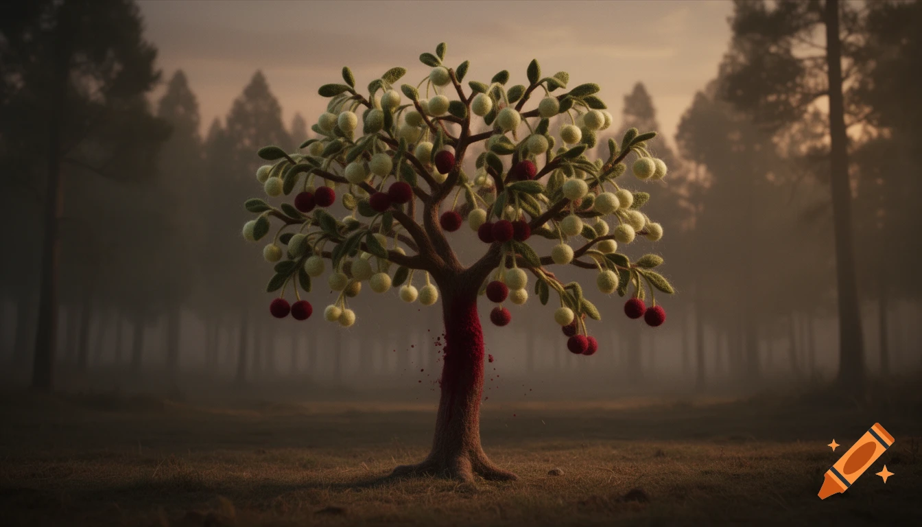 A cinematic needle-felt illustration of a cherry tree with pale green and deep red cherries, a crimson stain on its trunk, set against a misty forest at dusk.