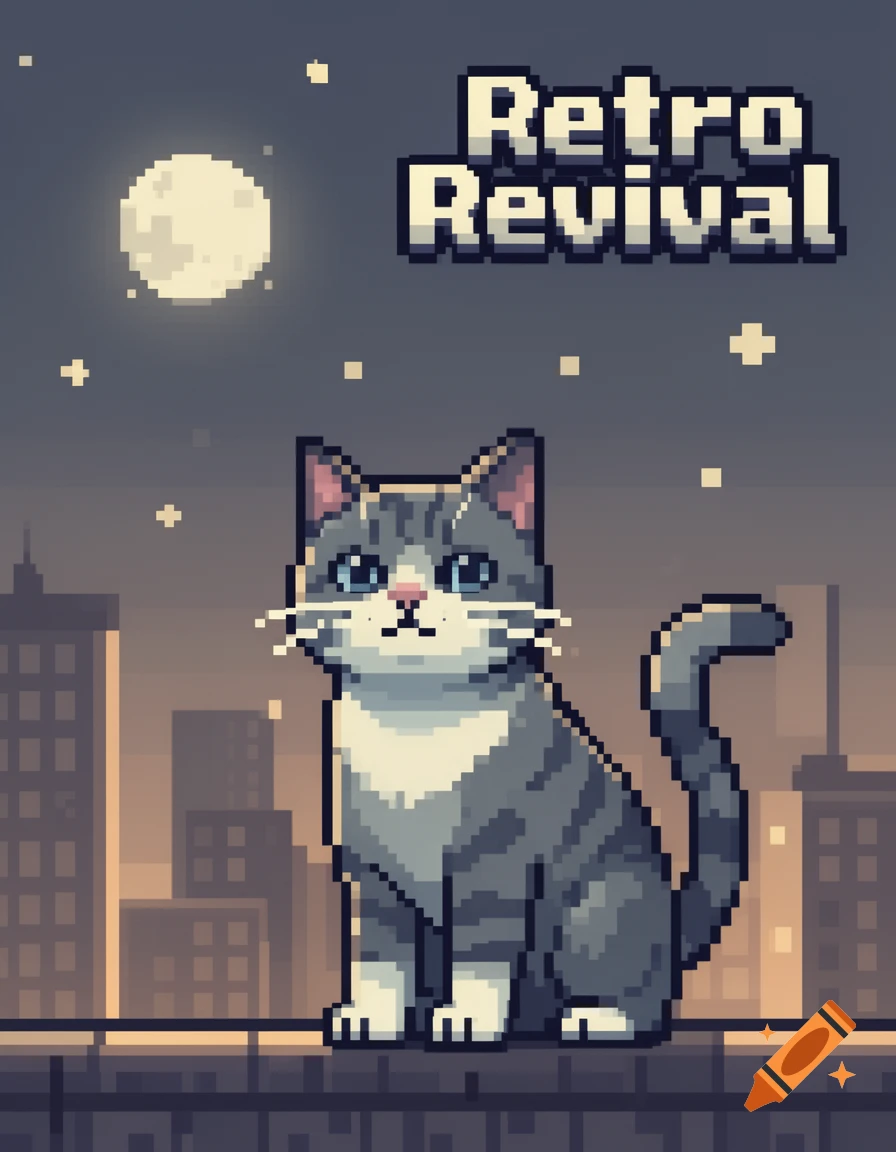 A pixel art tabby cat sits on a rooftop overlooking a city skyline at night under a full moon, with 'Retro Revival' text.